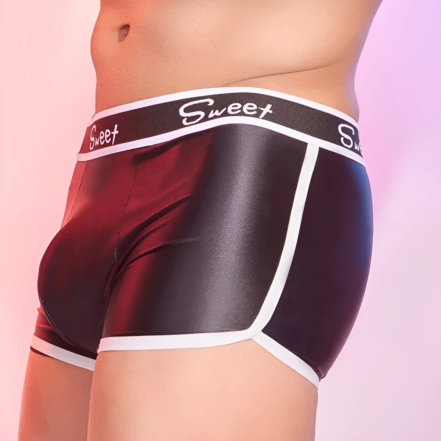 Men's shiny silky nylon boxer briefs in black, white, and sapphire blue colours.