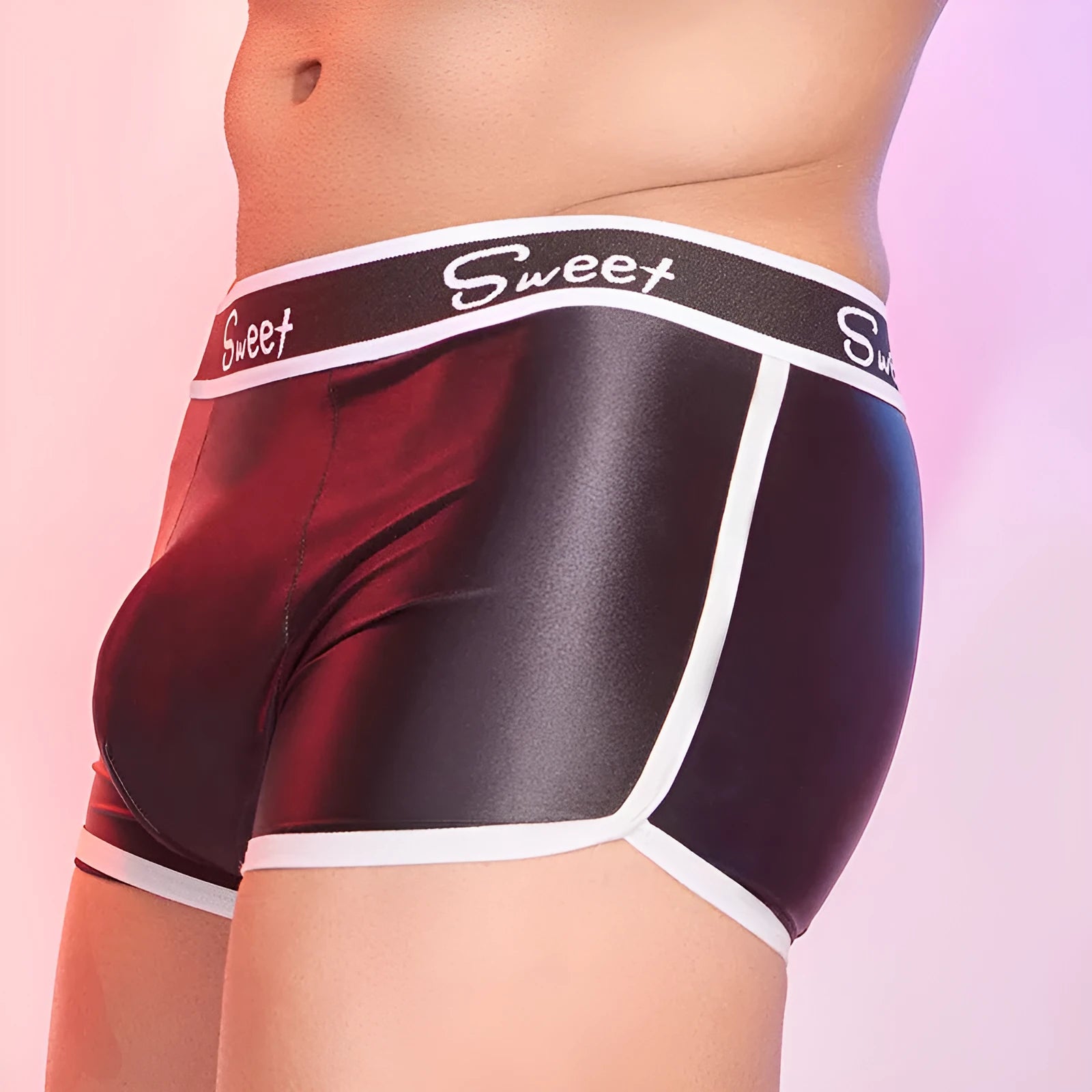 Men's shiny silky nylon boxer briefs in black, white, and sapphire blue colours.
