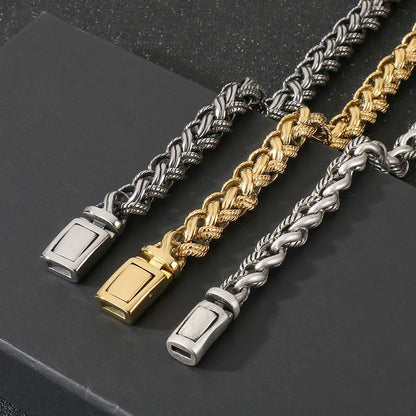 Men's antique silver titanium steel keel chain necklace with large geometric links on a black background.