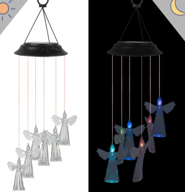 Solar wind chime with colour-changing LED, hummingbird and butterfly designs, waterproof outdoor hanging light for patio yard garden