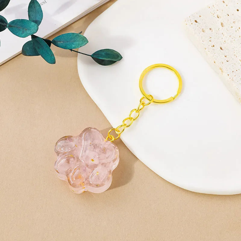 Natural crystal cat's paw keychain pendant with metal keyring in various gemstone colours