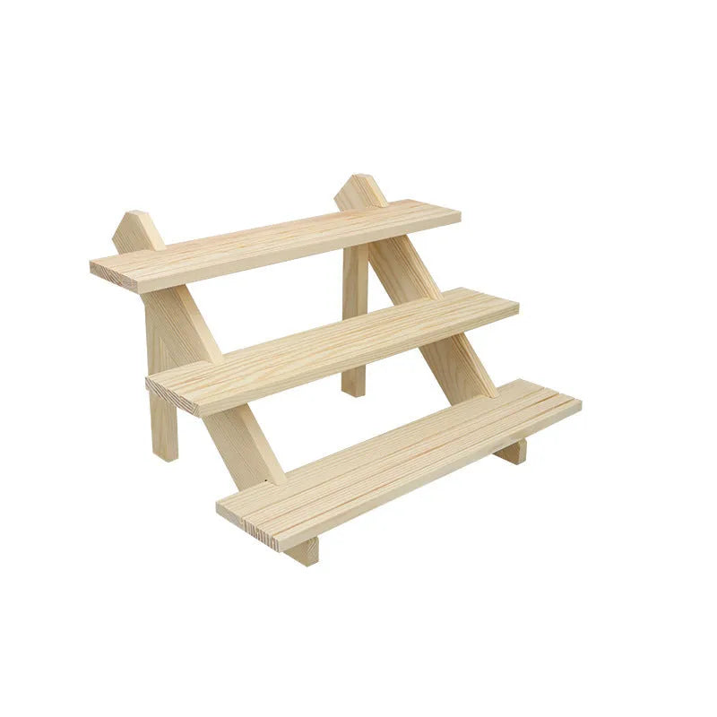 Multi-layer wooden stepped shelf in natural wood or walnut colour, shown in 2 to 5 tier floor-standing versions