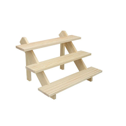 Multi-layer wooden stepped shelf in natural wood or walnut colour, shown in 2 to 5 tier floor-standing versions
