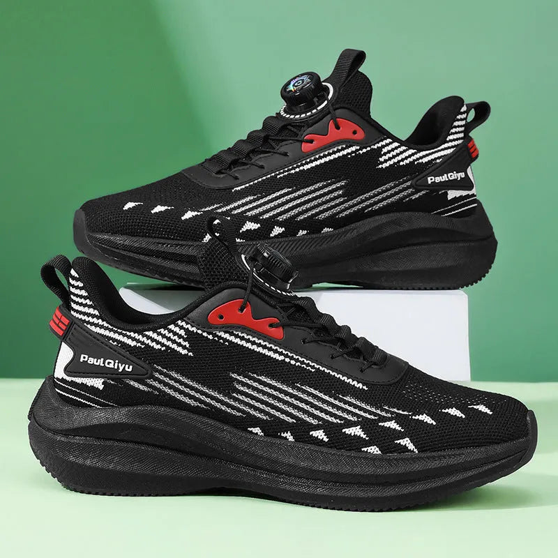 Men's white-green and grey rotating buckle Fly-kit mesh casual sports running shoes on a flat TPU sole.