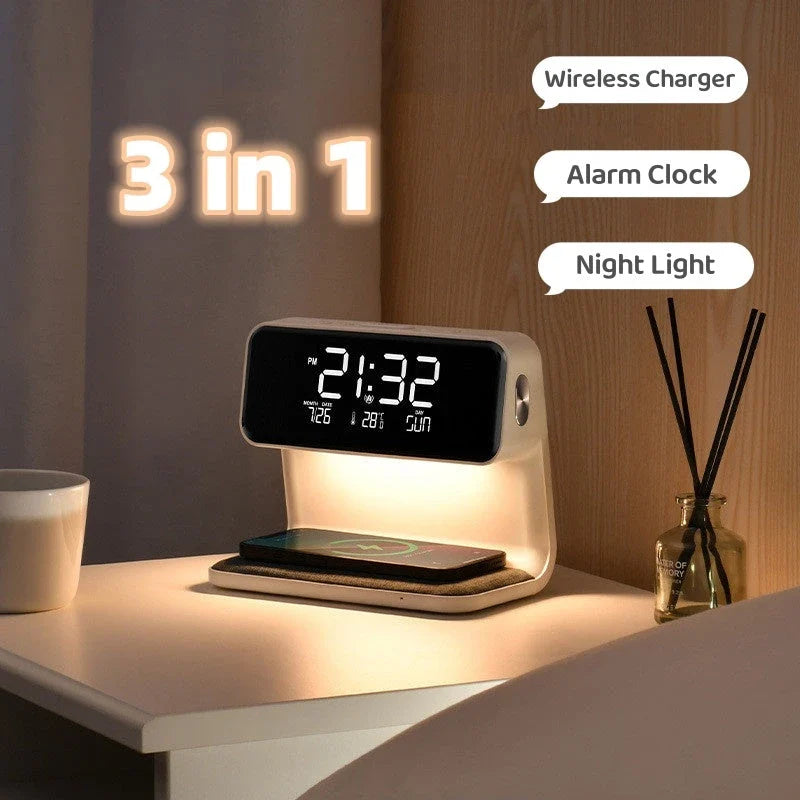 Chic 3-in-1 Bedside Lamp with Wireless Charging, Dimmable Lighting, and Alarm Clock for Bedroom or Home Office