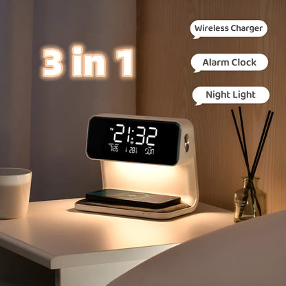 White 3-in-1 bedside lamp with wireless charging pad, LCD alarm clock screen, and touch controls.