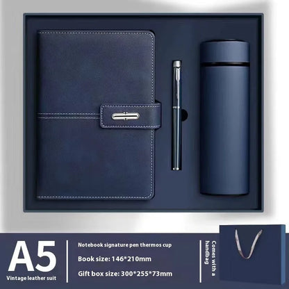 A5 notebook with imitation leather cover in colour options including black, red, green, blue, and orange.
