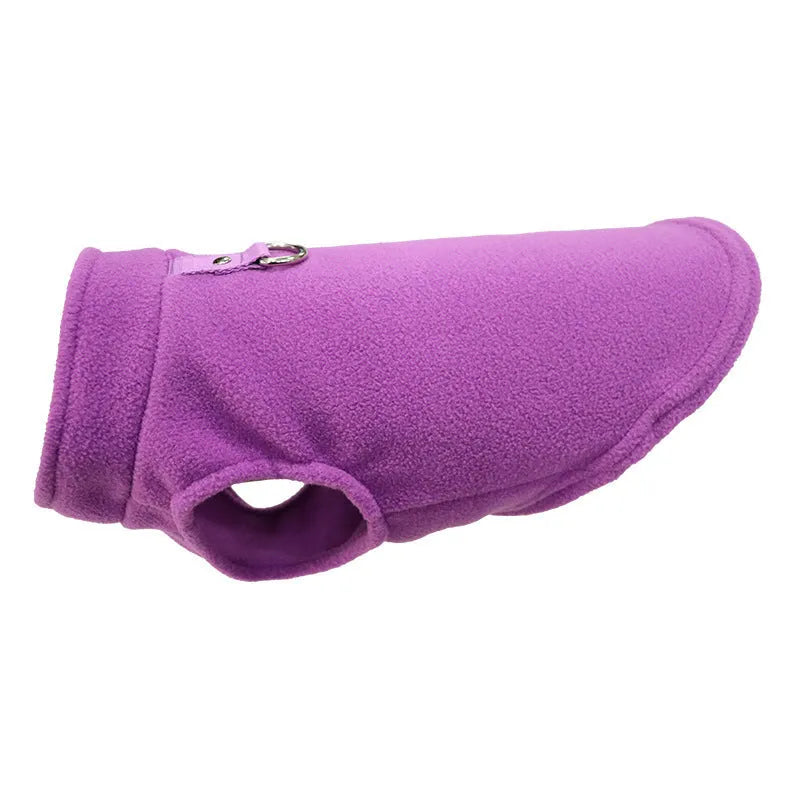Thickened polar fleece dog waistcoat in solid colours red, black, blue, available in sizes S M L XL.