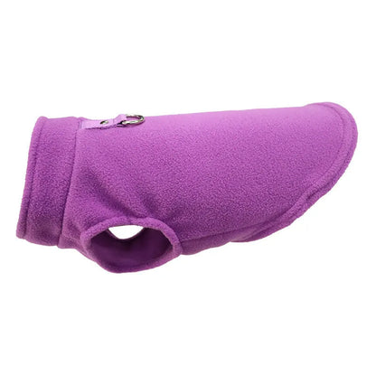 Thickened polar fleece dog waistcoat in solid colours red, black, blue, available in sizes S M L XL.