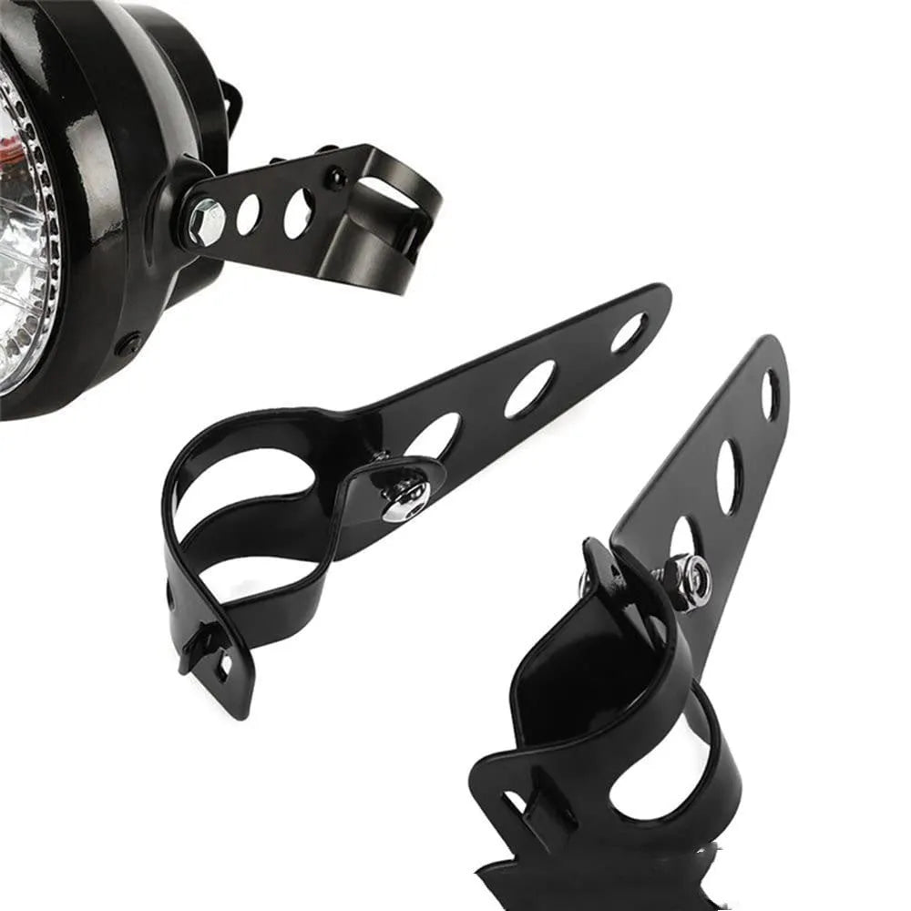 Black iron motorcycle headlamp support bracket pair for retro bike modification