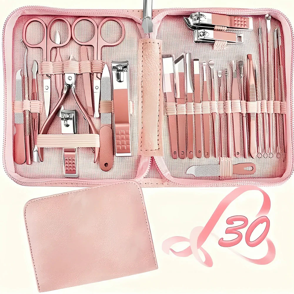 30-piece stainless steel nail beauty tool set showing five colour options with 260g weight