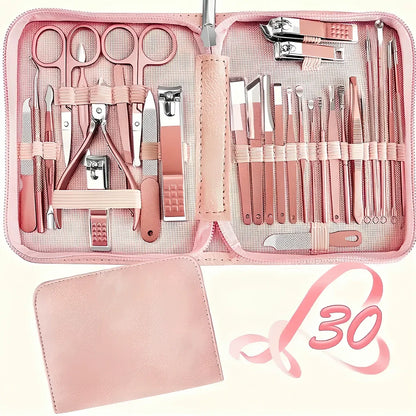 30-piece stainless steel nail beauty tool set showing five colour options with 260g weight