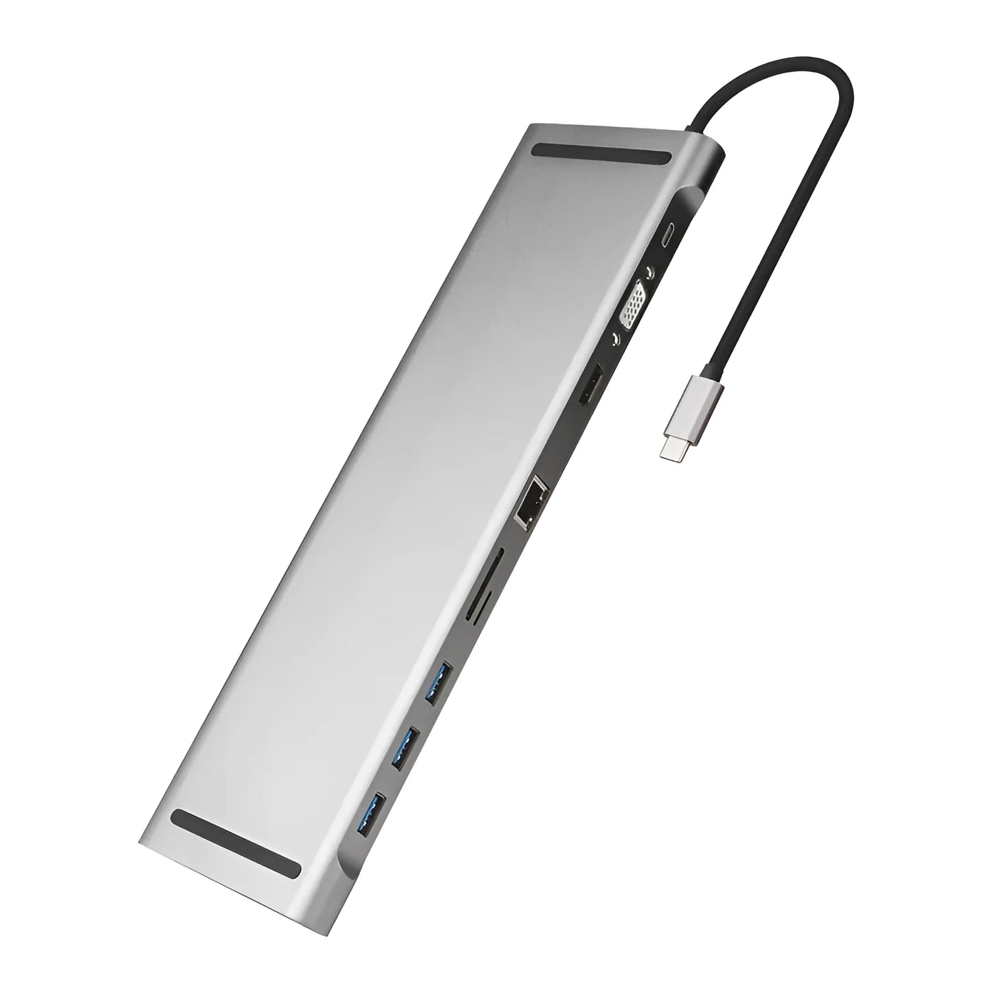 Aluminium laptop cooling docking station with ten ports including HDMI VGA and Gigabit network