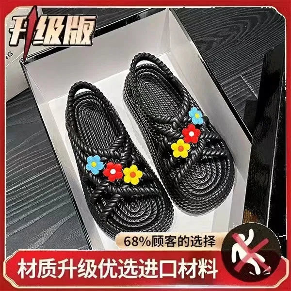 PVC non-slip sandals with round toe and floral decoration in beige colour