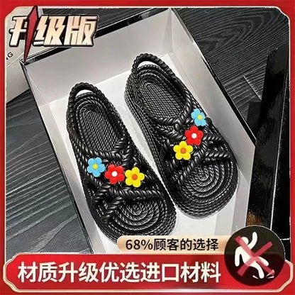 PVC non-slip sandals with round toe and floral decoration in beige colour