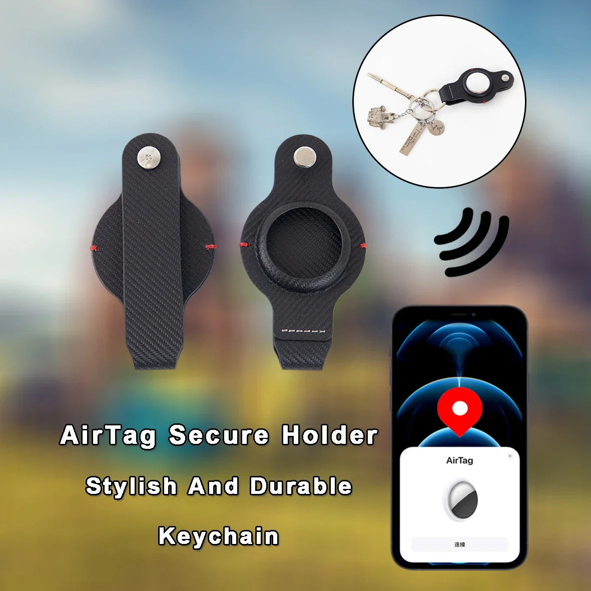 Premium PU leather AirTag keychain holder in black and grey colors for secure tracking of valuables