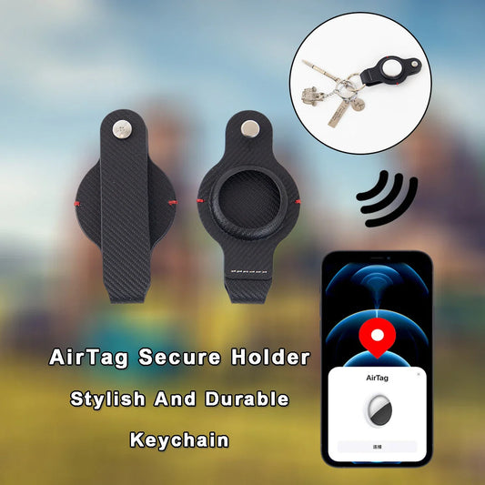 Premium PU leather AirTag keychain holder in black and grey colors for secure tracking of valuables
