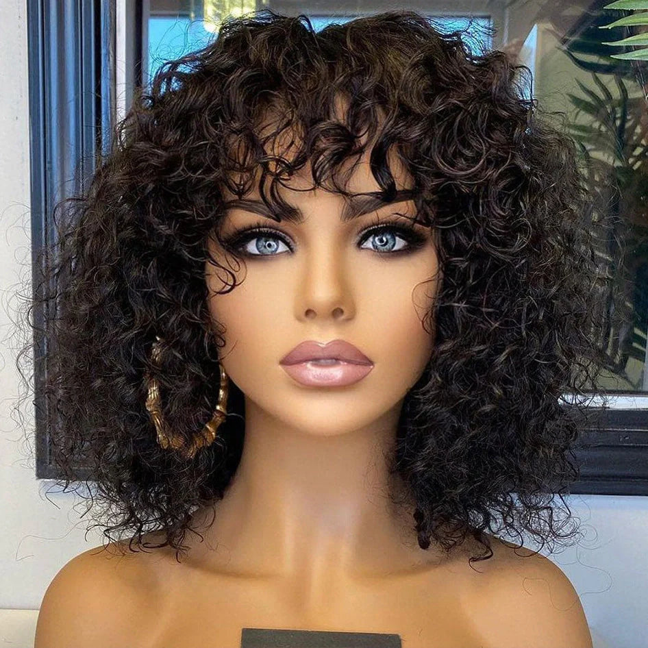 Deep curly fringe human hair wig with bangs, 12-inch length, showing adjustable headgear and even bangs design