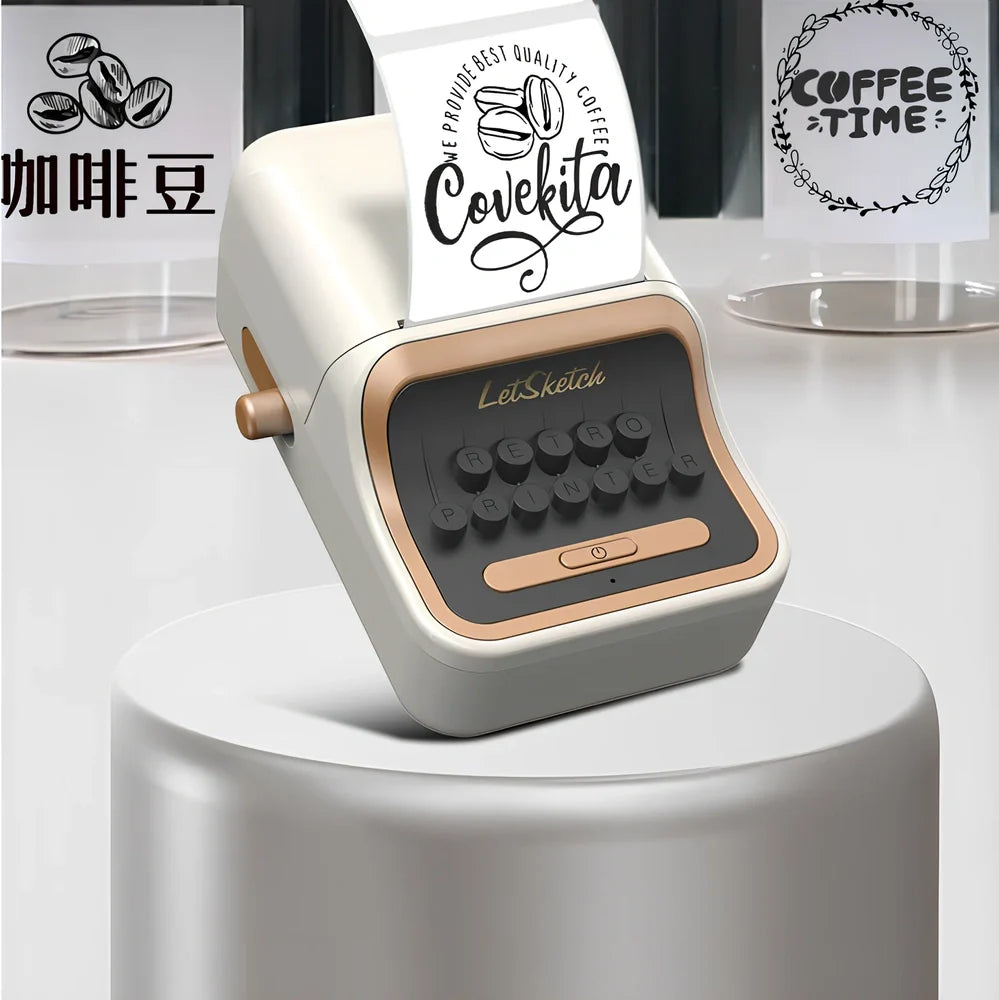 Portable white thermal Bluetooth printer with 40x30mm label roll inserted, dimensions 135x92x60mm
