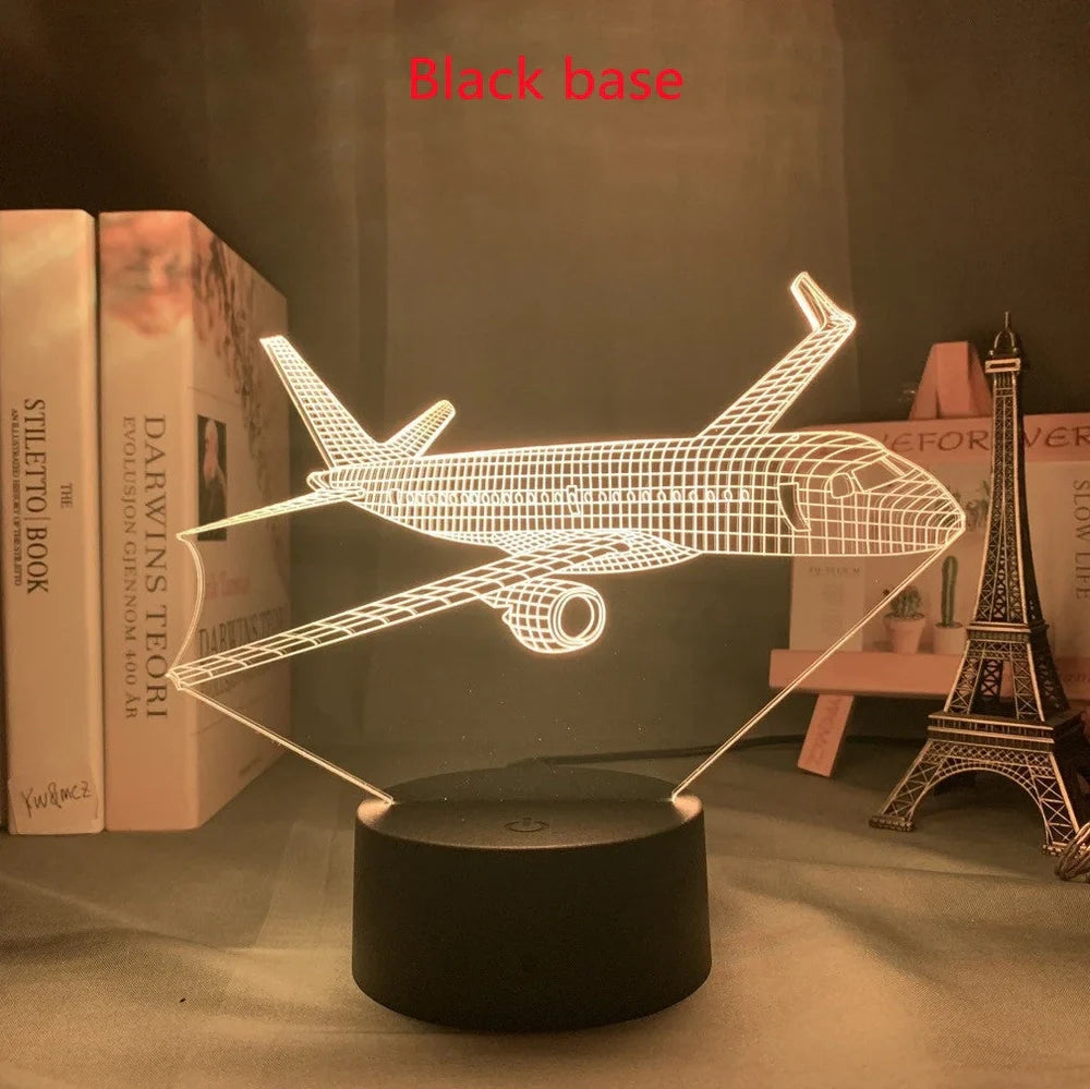 Custom 3D aeroplane hologram night light with personalised name, showing optical acrylic panel and ABS base