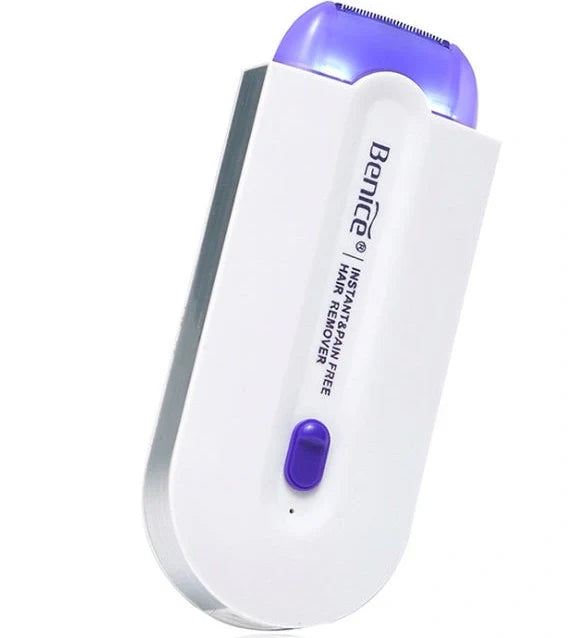 White laser hair removal machine with detachable heads showing 12cm length and included accessories