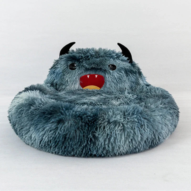Round cat bed with soft plush and cartoon animal embroidery, available in multiple colors and sizes