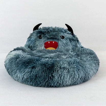 Round cat bed with soft plush and cartoon animal embroidery, available in multiple colors and sizes