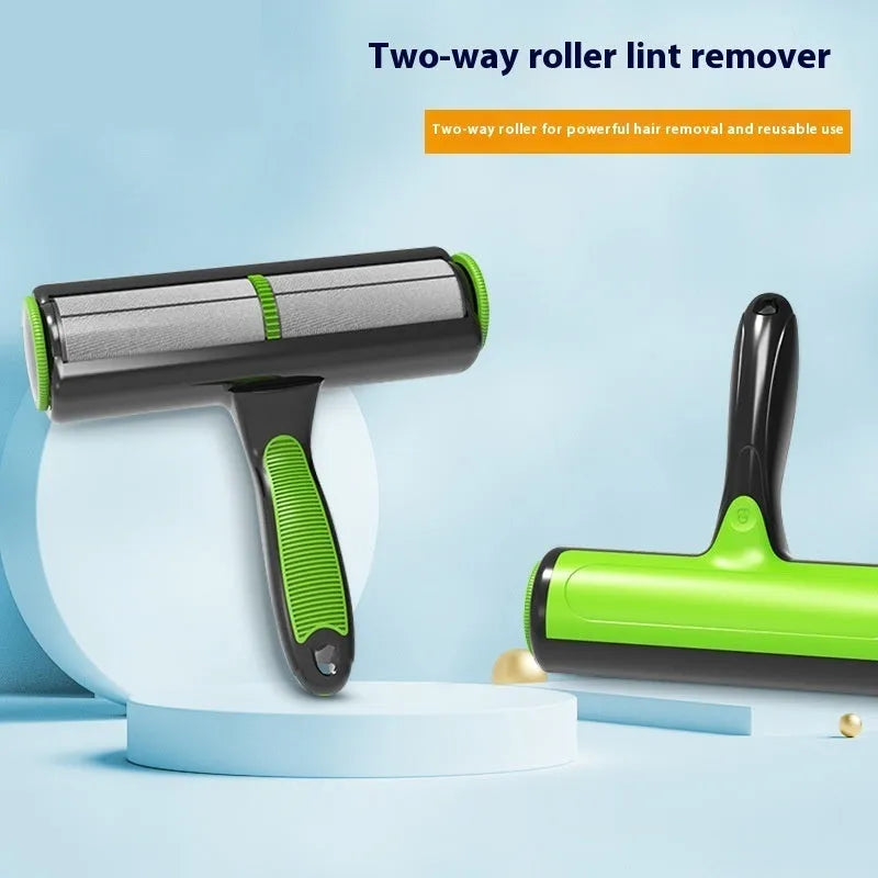 Pet hair lint roller with automatic cleaning function for sofas, showing ABS and polyester brush construction