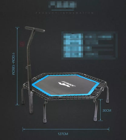 Hexagonal fitness trampoline with handrail for home and gym use