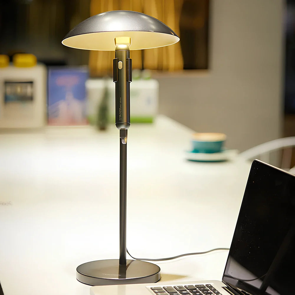 45cm grey USB LED table lamp with metal shade and push button for study room use, 5cm base