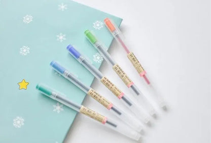 12 Muji Gel Pens with 0.5mm nibs showing ink prevention mechanism for uninterrupted writing