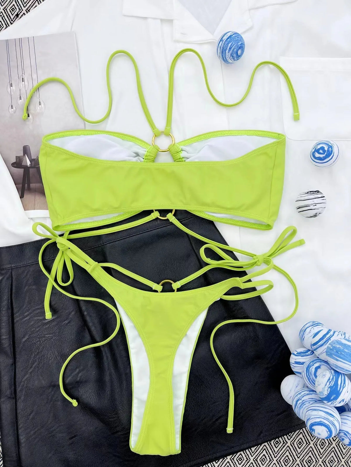 Yellow green women's split bikini with lace-up triangle top and T-pants