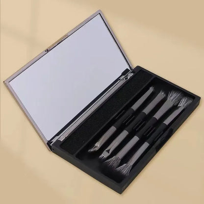 Portable makeup brush set with mirror showing artificial fibre brushes with silver handles