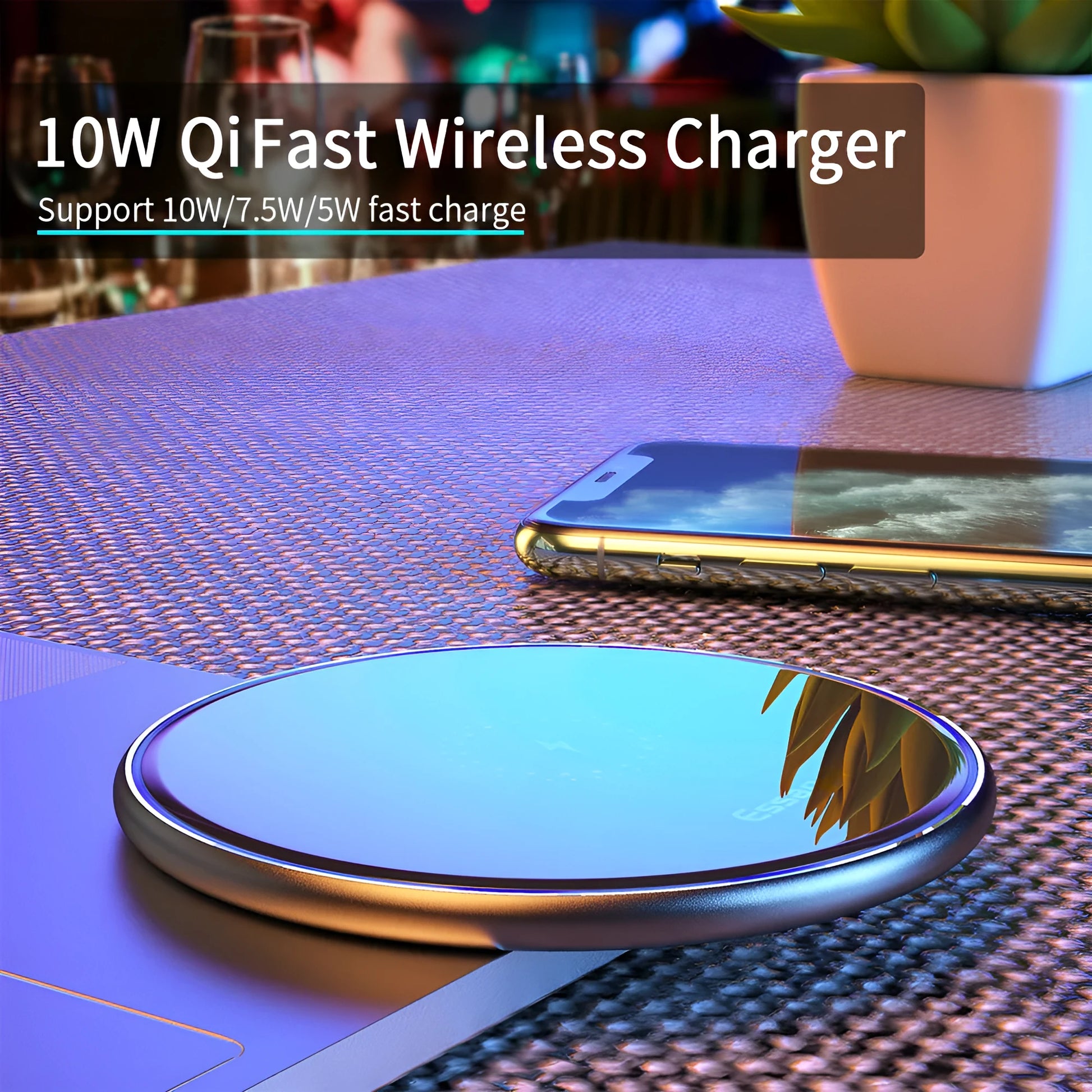 Black wireless charging pad with LED indicator light, measuring 10.1 by 7 centimetres