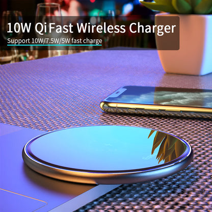 Black wireless charging pad with LED indicator light, measuring 10.1 by 7 centimetres