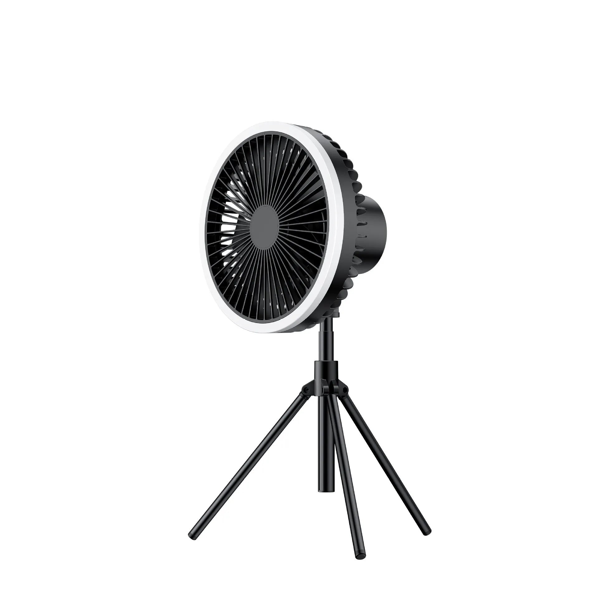White camping fan mounted on aluminum tripod with Type-C charging cable