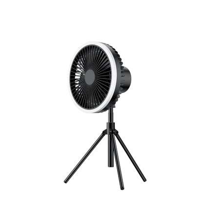 White camping fan mounted on aluminum tripod with Type-C charging cable