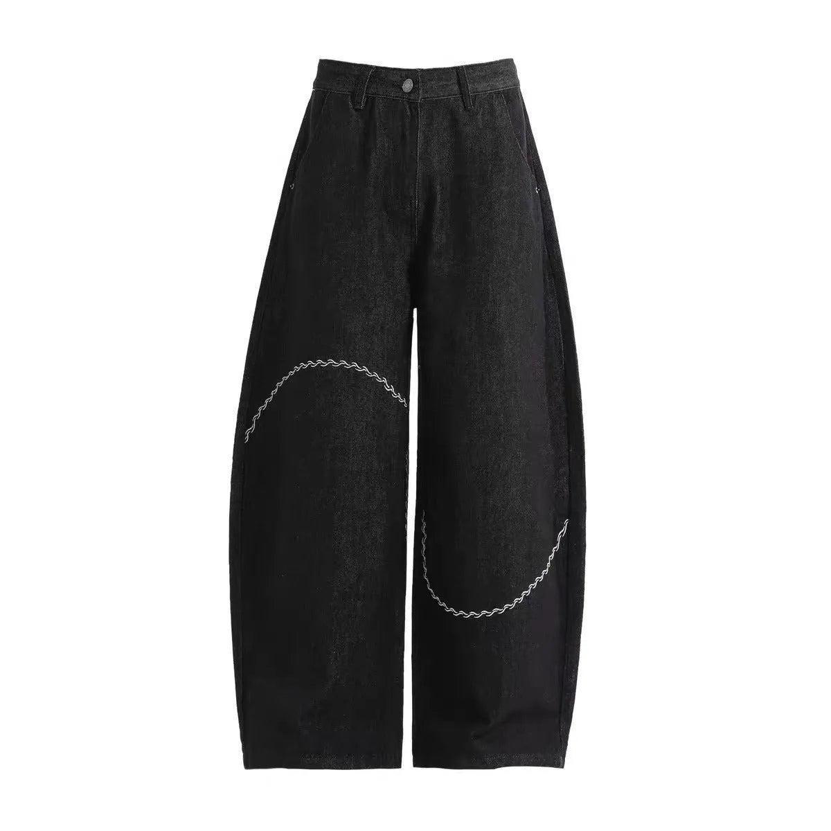 Men's black straight-leg denim trousers on a hanger, showing mid waist and zip fly detail.