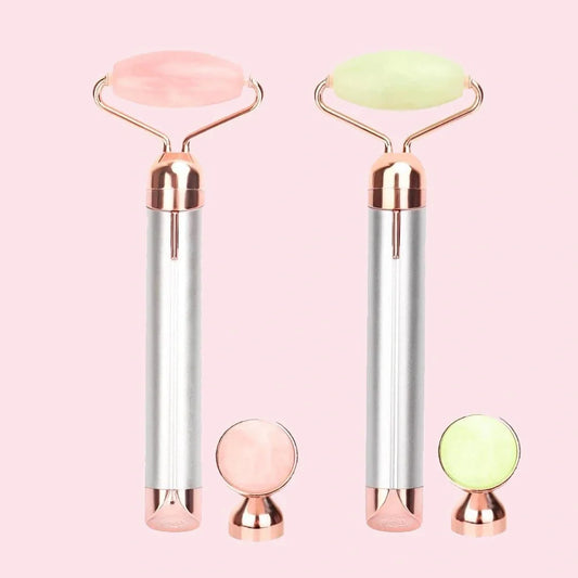 Electric Vibrating Natural Rose Quartz Jade Facial Roller with pink and green options