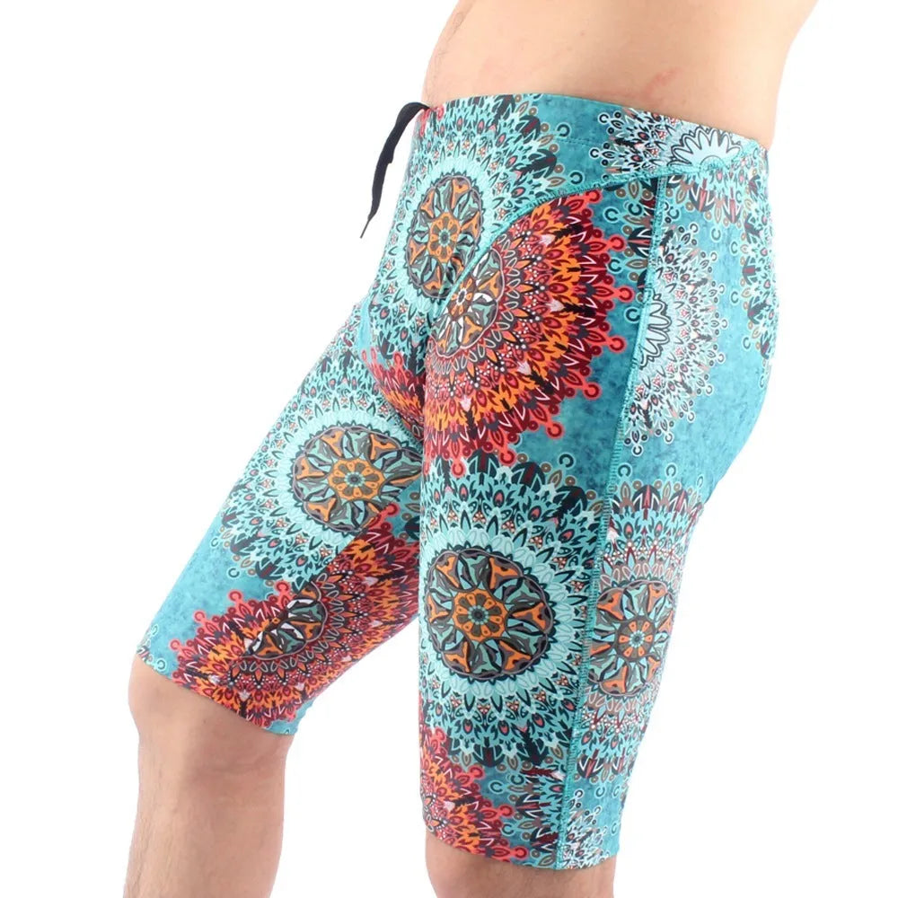 Men's green and navy blue quick-dry swimming trunks with loose fit and anti-embarrassment design