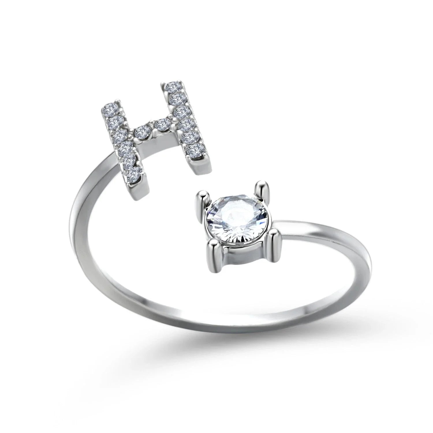 Personalized Initial Letter Crystal Ring with Adjustable Design in Gold, Silver, and Rose Gold Colors