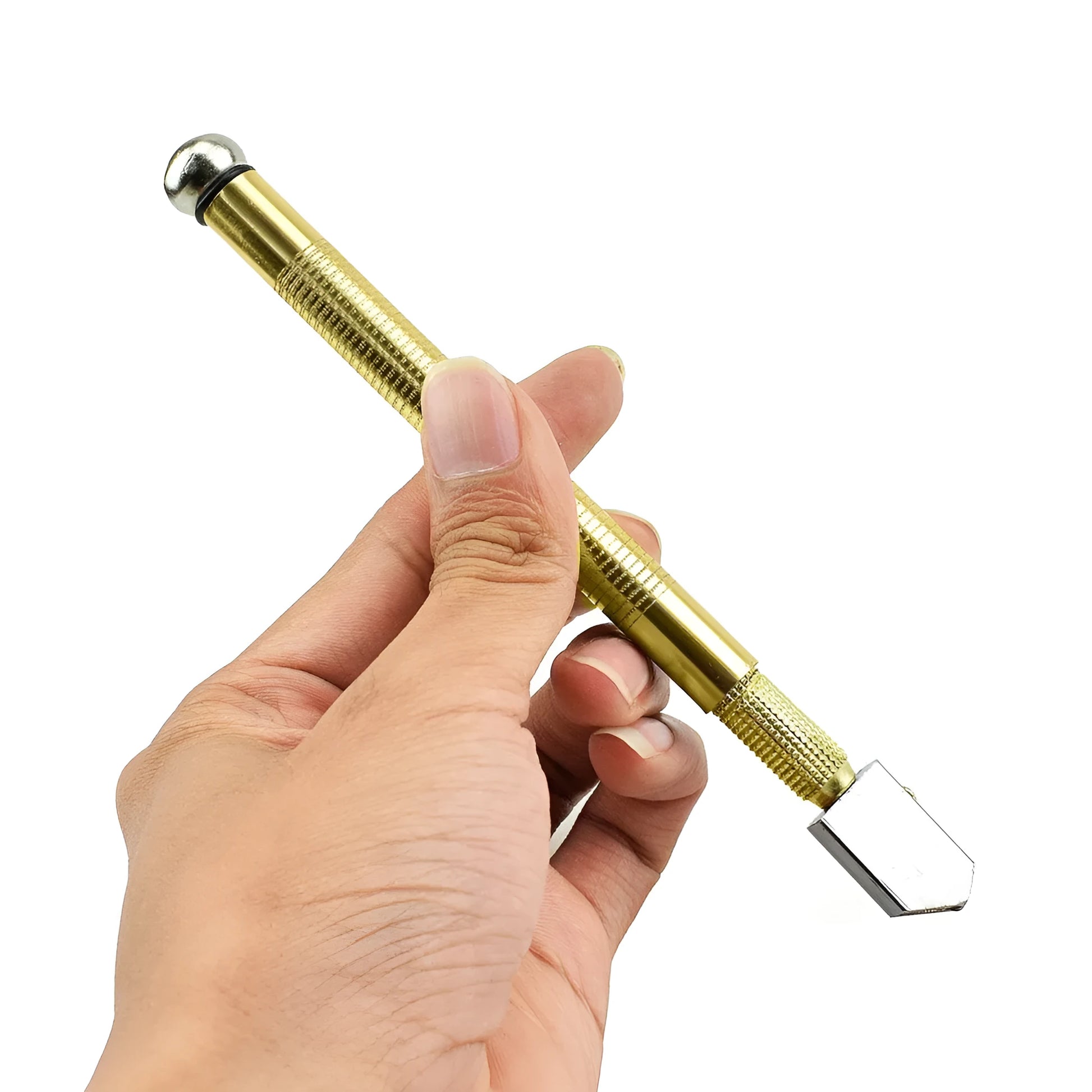 Handheld metal glass cutter tool with a carbide wheel for cutting thick glass sheets.