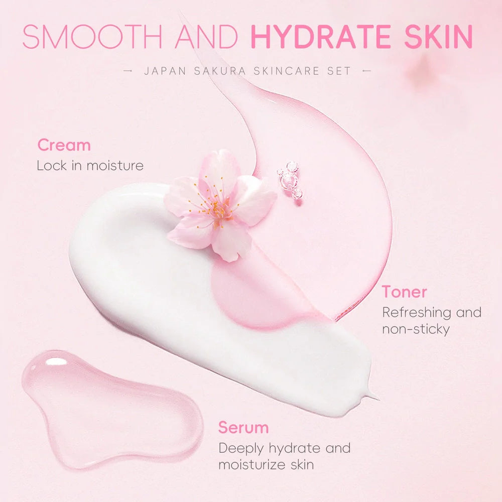 Cherry Blossom Skin Care Set with six facial care products including cleanser, toner, cream, and treatments