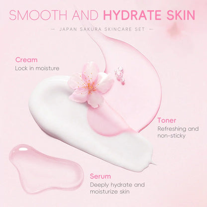 Cherry Blossom Skin Care Set with six facial care products including cleanser, toner, cream, and treatments