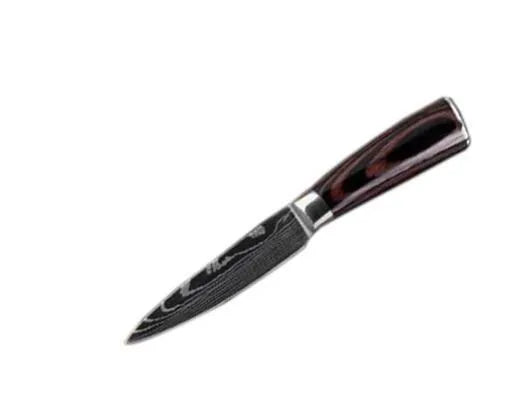 7-inch chef knife with laser Damascus pattern on blade and coloured steel handle on a cutting board.