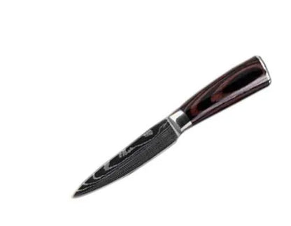 7-inch chef knife with laser Damascus pattern on blade and coloured steel handle on a cutting board.