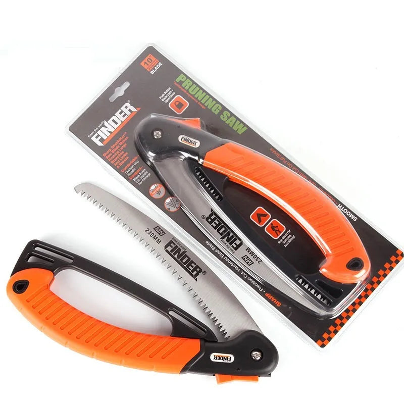 A folded and an open view of a 230mm garden folding saw with a black TPR grip and a steel blade.