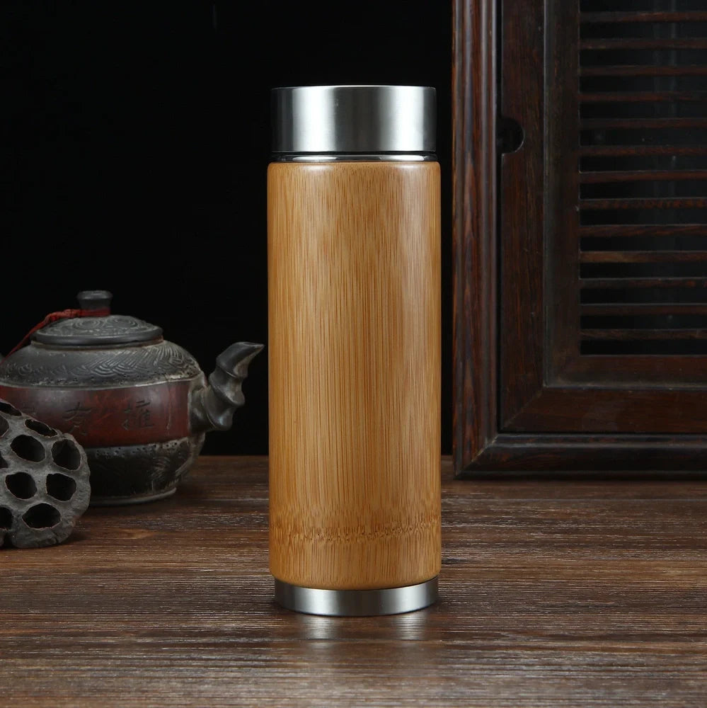 Bamboo and stainless steel hot water cup with wood colour finish and 400ml capacity