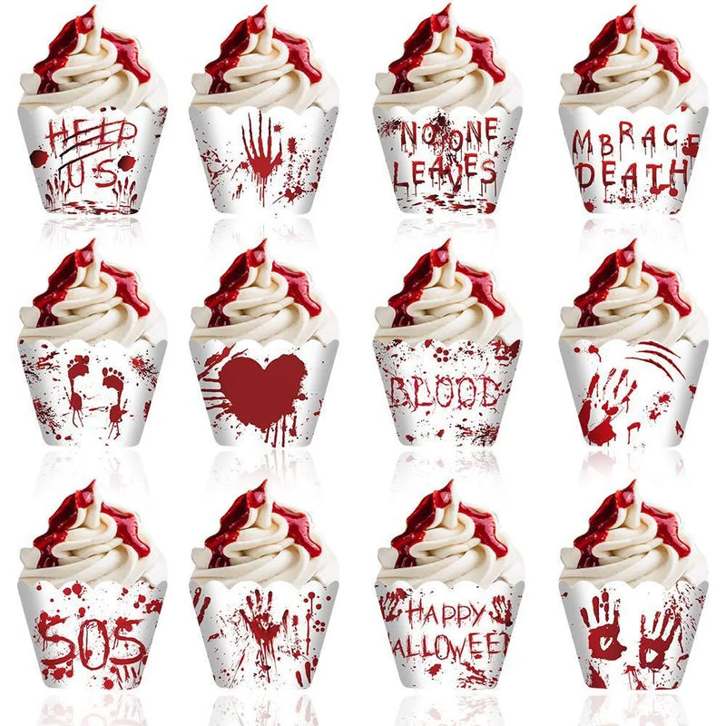 Halloween cake border decoration with red bloody hand design made from paper material suitable for cupcake surround, 12 pieces pack for themed party baking