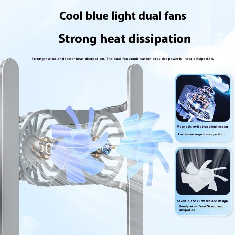 Aluminium alloy portable laptop cooling stand with twin fans and adjustable height mechanism in silver finish